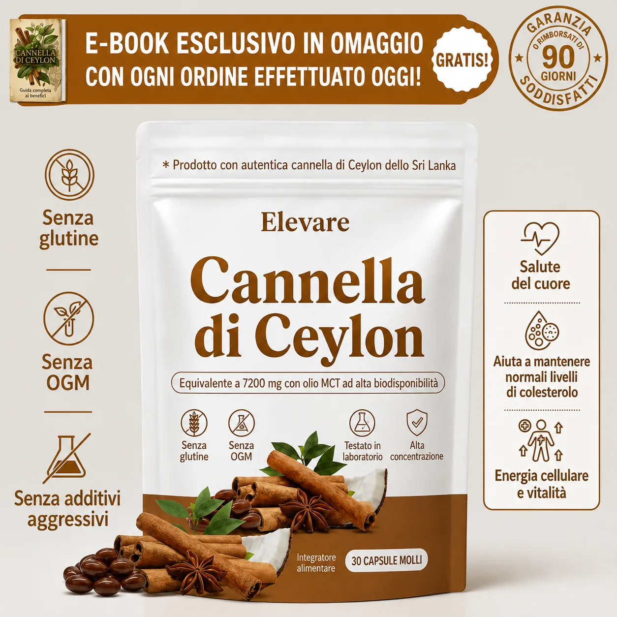 Elevare Cannella di Ceylon 7200 mg con olio MCT