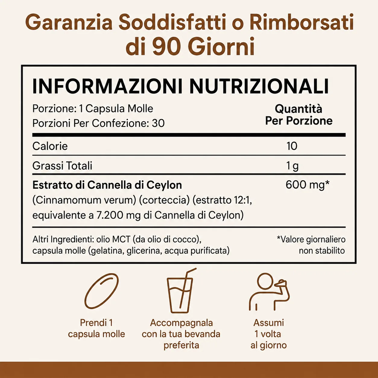 Informazioni nutrizionali e garanzia 90 giorni